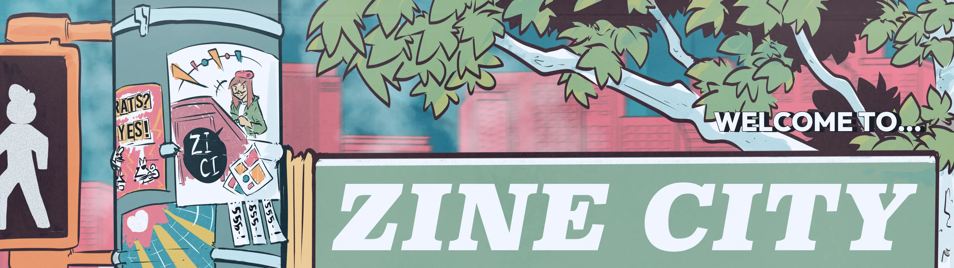 An image of Zine City Girl perusing a small yellow creature's shop. Drawn by Zine City Member Skoobert